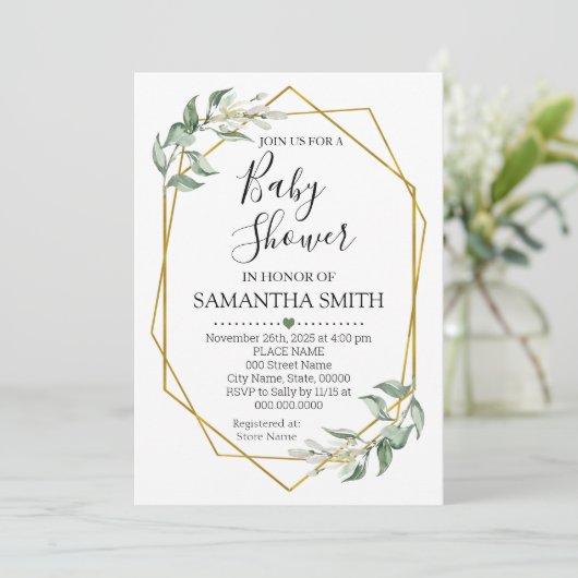 緑の金ゴールド赤ちゃんシャワーミニマリストになるママ 招待状 (スタンド正面)