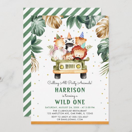 緑の金ゴールド野生の1匹のサファリ動物が1日 招待状 (正面/裏面)