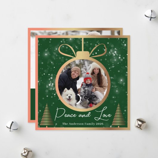 緑の金ゴールド雪クリスマスオーナメント2写真 シーズンカード (正面/裏面インサイチュ)