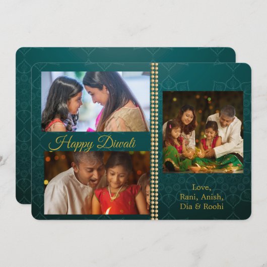 緑の金ゴールドDiwali写真グリーティパーソナライズされたングカード シーズンカード (正面/裏面)