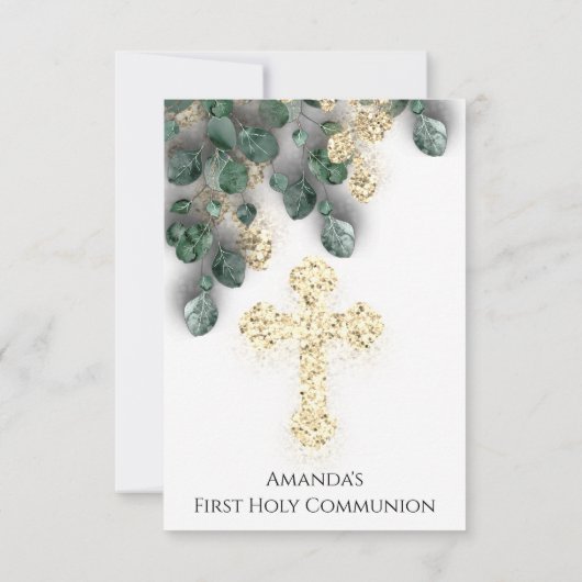 緑の金 白の最初の聖体拝領 十字架 招待状 (裏面)