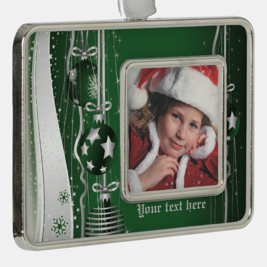 緑の銀のクリスマスボール、星と雪 シルバープレートフレームオーナメント (右)