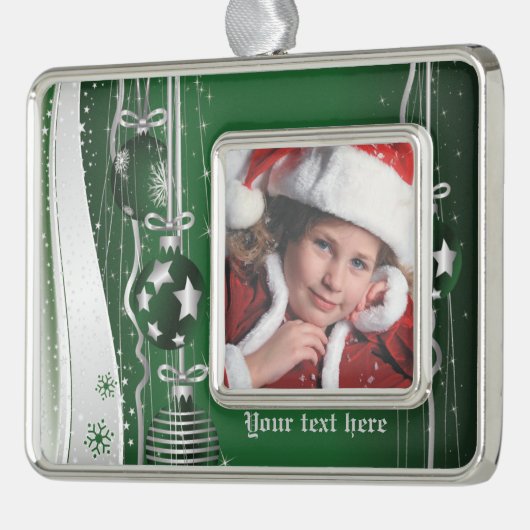 緑の銀のクリスマスボール、星と雪 シルバープレートフレームオーナメント (左)