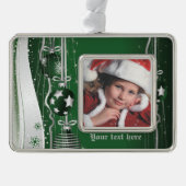 緑の銀のクリスマスボール、星と雪 シルバープレートフレームオーナメント (正面)