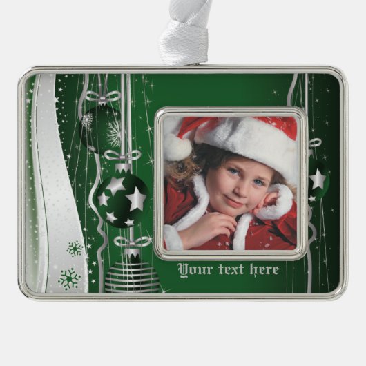 緑の銀のクリスマスボール、星と雪 シルバープレートフレームオーナメント (正面)