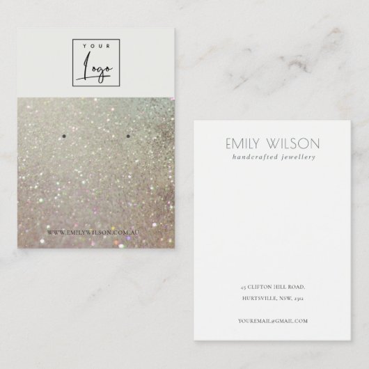 緑の銀色輝くグリッターのロゴイヤリングディスプレイ 名刺 (正面/裏面)