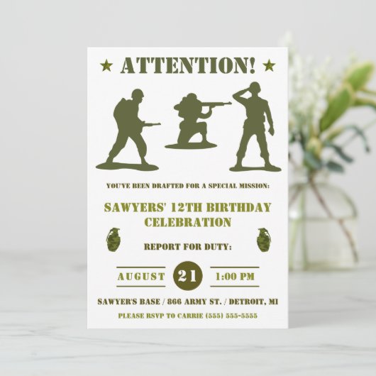 緑の陸軍の男性、軍隊、軍の迷彩柄誕生日パーティー 招待状 (スタンド正面)