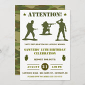 緑の陸軍の男性、軍隊、軍の迷彩柄誕生日パーティー 招待状 (正面/裏面)