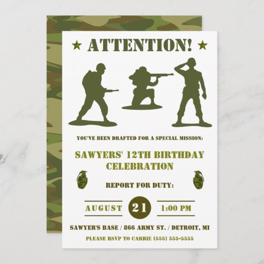 緑の陸軍の男性、軍隊、軍の迷彩柄誕生日パーティー 招待状 (正面/裏面)