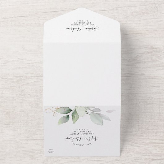 緑の離れ金ゴールドとすべての結婚式への招待 オールインワン招待状 (外側)