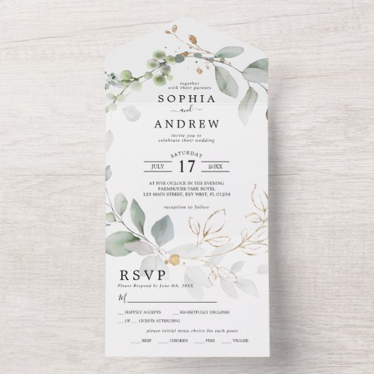 緑の離れ金ゴールドとすべての結婚式への招待 オールインワン招待状 (内側)