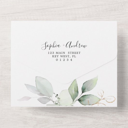 緑の離れ金ゴールドとすべての結婚式への招待 オールインワン招待状 (裏面)