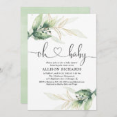 緑の離れ金ゴールドの男女兼用赤ちゃんシャワー 招待状 (正面/裏面)