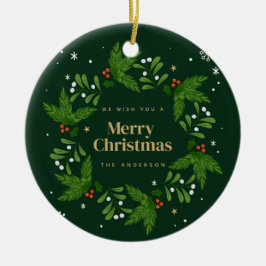 緑の離れ雪片メリークリスマス セラミックオーナメント