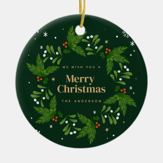 緑の離れ雪片メリークリスマス セラミックオーナメント (正面)