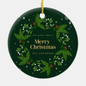 緑の離れ雪片メリークリスマス セラミックオーナメント (裏面)