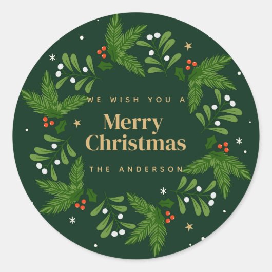 緑の離れ雪片メリークリスマス ラウンドシール (正面)