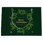 緑の離れ雪片メリークリスマス ラージペーパーバッグ (正面)