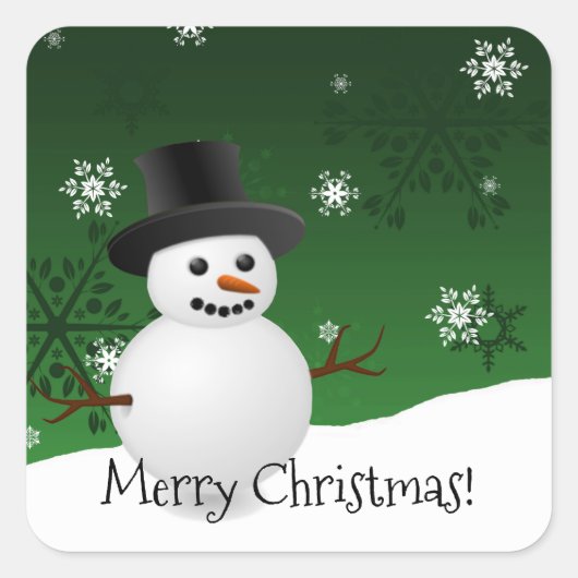緑の雪だるま冬景色のクリスマスステッカー スクエアシール (正面)