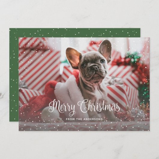 緑の雪のフォトクリスマスカード シーズンカード (正面/裏面)