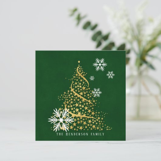 緑の雪の上の星の黄金のクリスマスツリー シーズンカード (スタンド正面)
