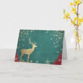 緑の雪の上の金箔トナカイ カード (黄色い花)
