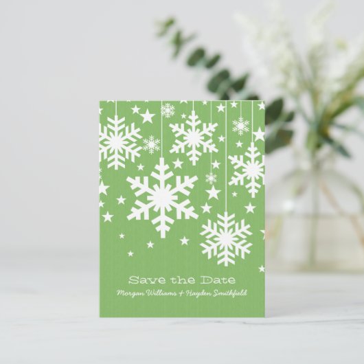 緑の雪の結晶と星の日付はがきを保存 案内ポストカード (スタンド正面)