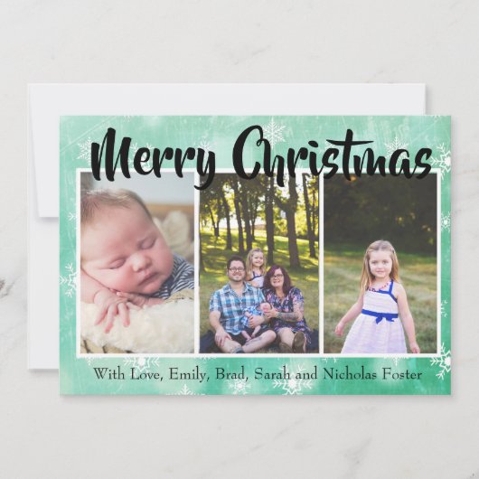 緑の雪片がフォトクリスマスをパーソナライズ シーズンカード (正面)