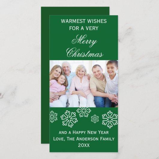 緑の雪片が最も暖かい願いの写真 – フォトカード シーズンカード (正面/裏面)
