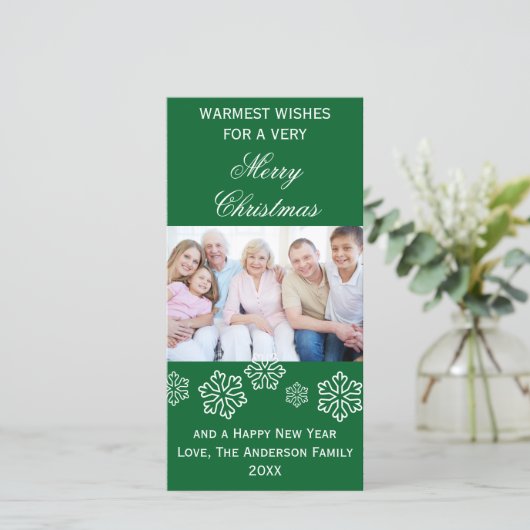 緑の雪片が最も暖かい願いの写真 – フォトカード シーズンカード (スタンド正面)
