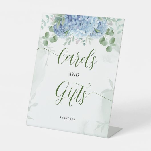 緑の青いアジサイのカードとギフト赤ちゃんシャワー 台座サイン (正面)
