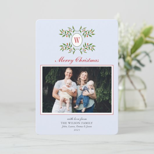 緑の青い写真淡い色の付きモノグラム シーズンカード (スタンド正面)