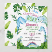 緑の青い恐竜Tレックスの誕生日招待状 招待状 (正面/裏面)