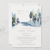 緑の青い松の森の鳥の結婚式の招待 サンキューカード (正面)