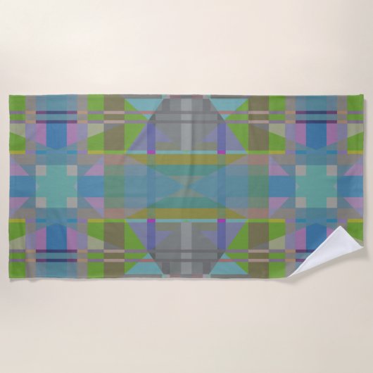 緑の青い紫の幾何学的 ビーチタオル (正面)