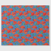 緑の青い背景に緋色の野のケシ ラッピングペーパー (フラット)