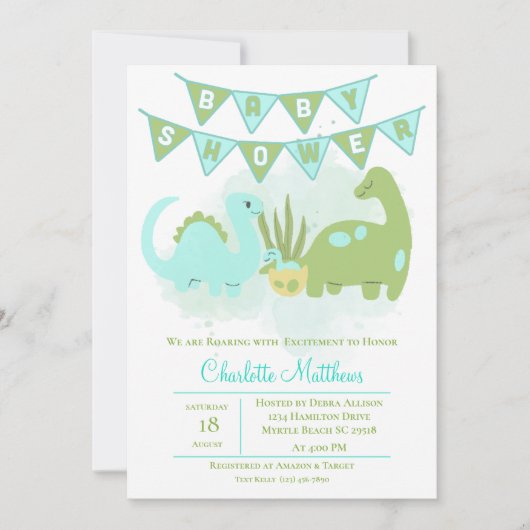 緑の青かわいい恐竜の母と赤ちゃんシャワー 招待状 (正面)