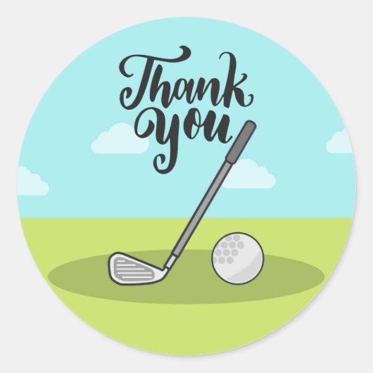 緑の青空の背景にゴルフアイアンとボール ラウンドシール (正面)