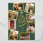 緑の非常に陽気なクリスマスツリーの写真コラージュ 箔シーズンカード (正面)