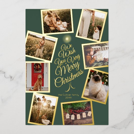 緑の非常に陽気なクリスマスツリーの写真コラージュ 箔シーズンカード (正面)