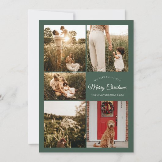 緑の非常に陽気なクリスマス5つの写真コラージュ シーズンカード (正面)