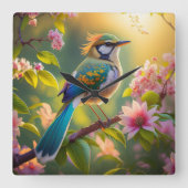 緑の頭のティール（緑がかった色）翼ファンタジー鳥 スクエア壁時計 (正面)