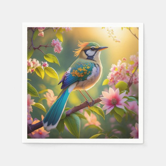 緑の頭のティール（緑がかった色）翼ファンタジー鳥 スタンダードカクテルナプキン (正面)