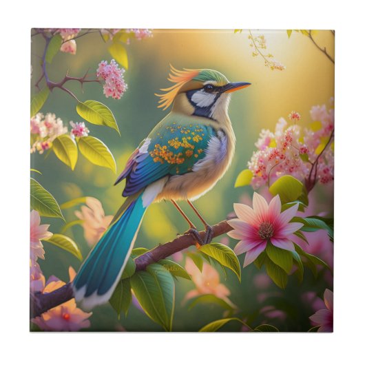 緑の頭のティール(緑がかった色)翼ファンタジー鳥 タイル (正面)