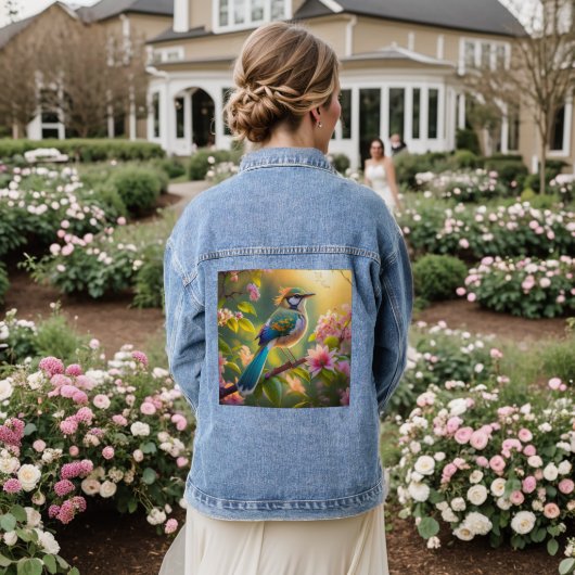 緑の頭のティール(緑がかった色)翼ファンタジー鳥 デニムジャケット (ウェディング裏面)