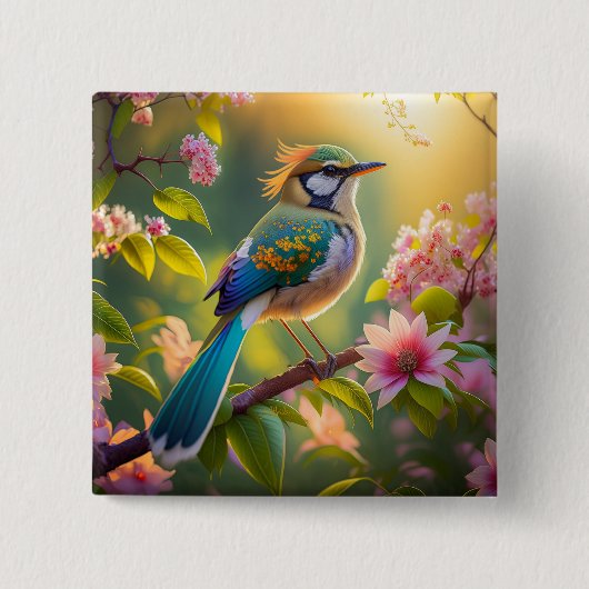 緑の頭のティール（緑がかった色）翼ファンタジー鳥 缶バッジ (正面)