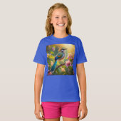 緑の頭のティール（緑がかった色）翼ファンタジー鳥 Tシャツ (正面フル)