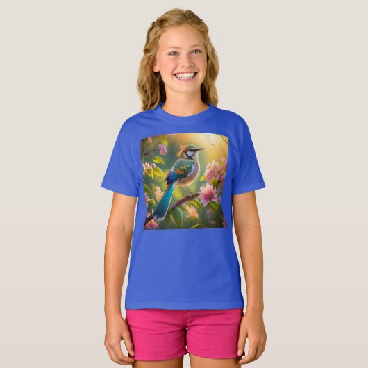 緑の頭のティール（緑がかった色）翼ファンタジー鳥 Tシャツ (正面フル)