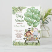 緑の風船サファリ動物の赤ちゃんシャワー 招待状 (スタンド正面)