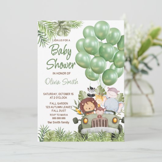 緑の風船サファリ動物の赤ちゃんシャワー 招待状 (スタンド正面)